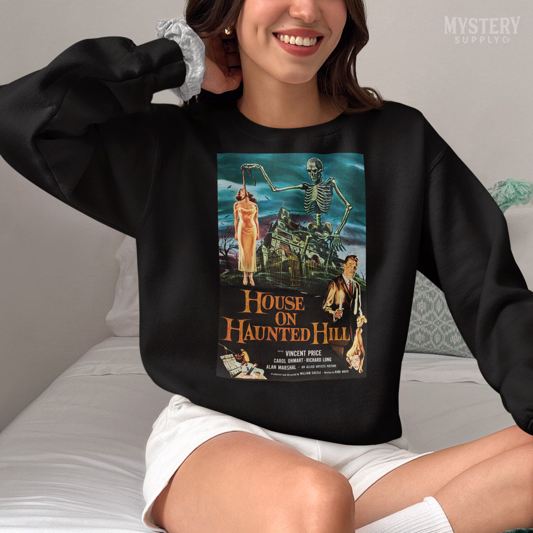 House on Haunted Hill 1959 vintage horror skeleton Vincent Price movie poster Mens Womens Unisex Heavy Blend Crewneck Sweatshirt from Mystery Supply Co. @mysterysupplyco