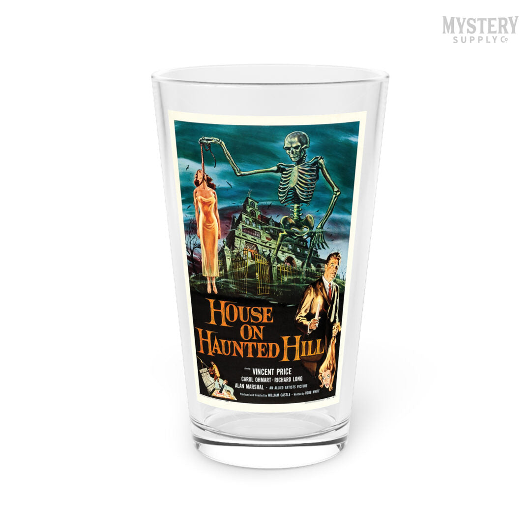 House on Haunted Hill 1959 vintage horror skeleton Vincent Price movie poster 16oz pint glass home decor glassware from Mystery Supply Co. @mysterysupplyco