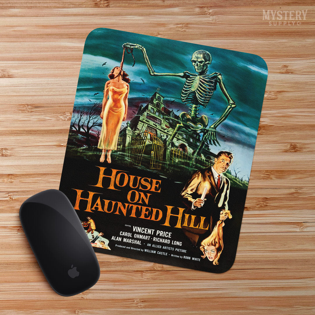 House on Haunted Hill 1959 vintage horror skeleton Vincent Price movie poster reproduction mousepad from Mystery Supply Co. @mysterysupplyco