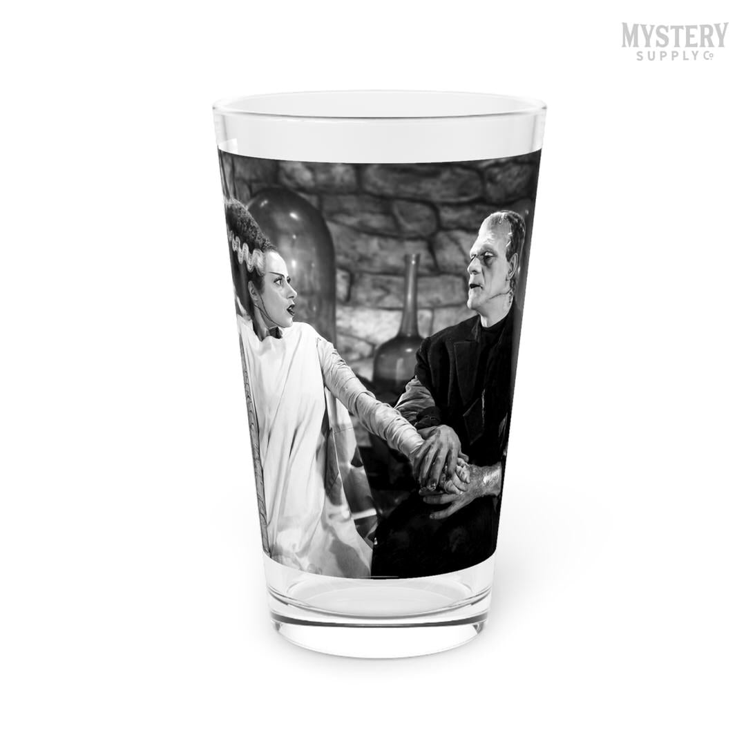 Bride of Frankenstein 1935 Vintage Horror Movie Monster Couple Black and White Photo reproduction 16oz pint glass home decor glassware from Mystery Supply Co. @mysterysupplyco