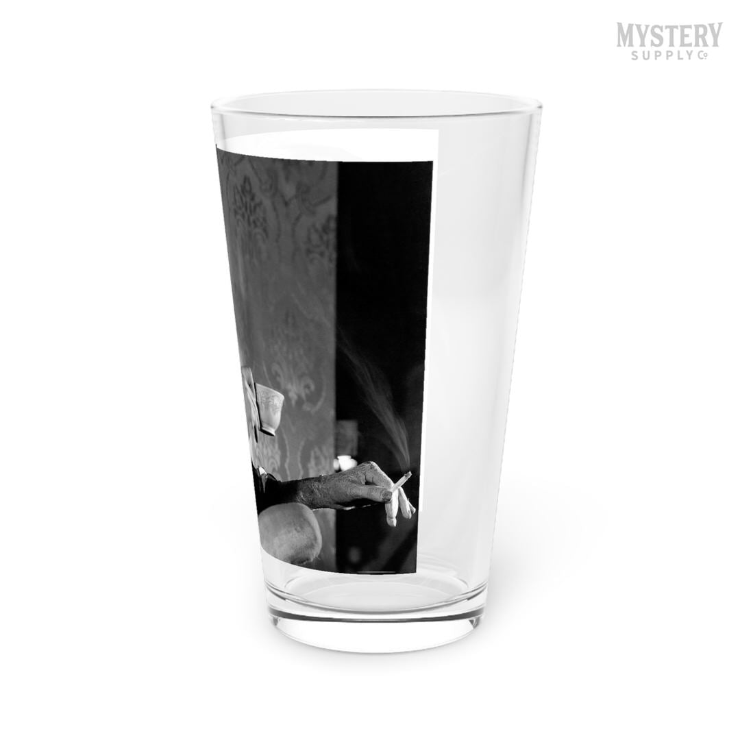 Frankenstein Vintage Boris Karloff Relaxing Smoking Drinking Tea Horror Movie Monster Black and White Photo reproduction 16oz pint glass home decor glassware from Mystery Supply Co. @mysterysupplyco