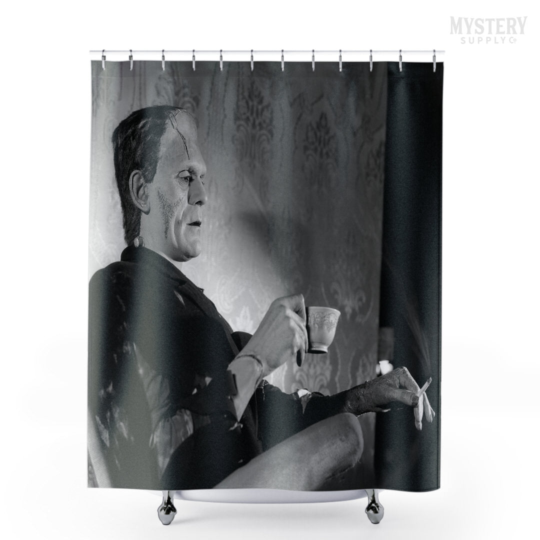 Frankenstein Vintage Boris Karloff Relaxing Smoking Drinking Tea Horror Movie Monster Black and White Photo reproduction shower curtain bathroom decor from Mystery Supply Co. @mysterysupplyco
