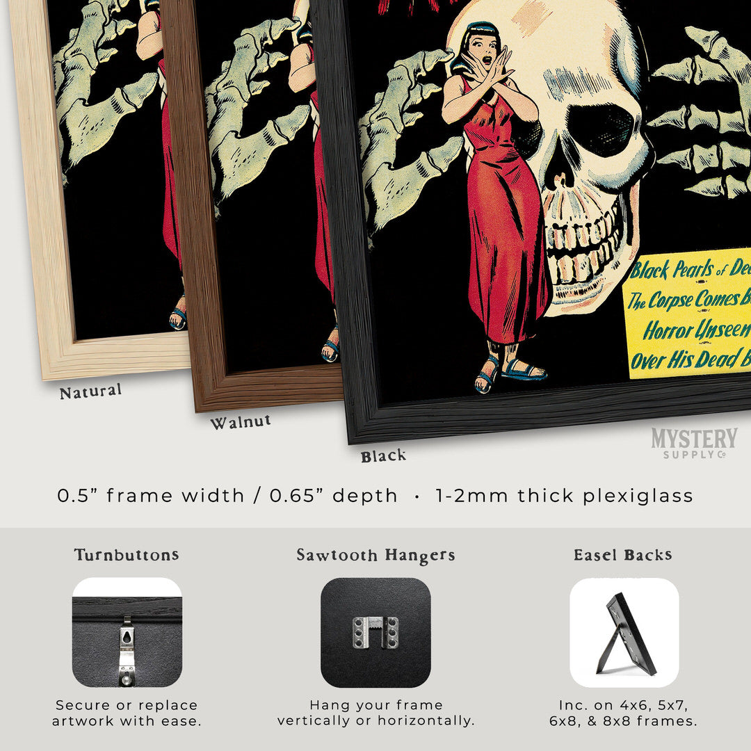 Framed artwork with a woman in a red dress and skeleton hands, displayed in natural, walnut, and black frames. Strange Mysteries #15 vintage horror comic cover reproduction from Mystery Supply Co. @mysterysupplyco