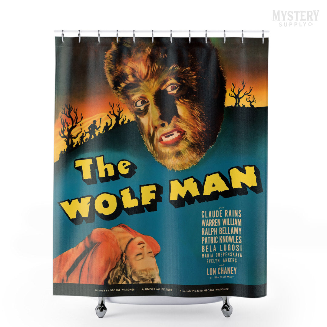 The Wolf Man 1941 vintage Lon Chaney Jr. horror monster werewolf movie poster reproduction shower curtain bathroom decor from Mystery Supply Co. @mysterysupplyco
