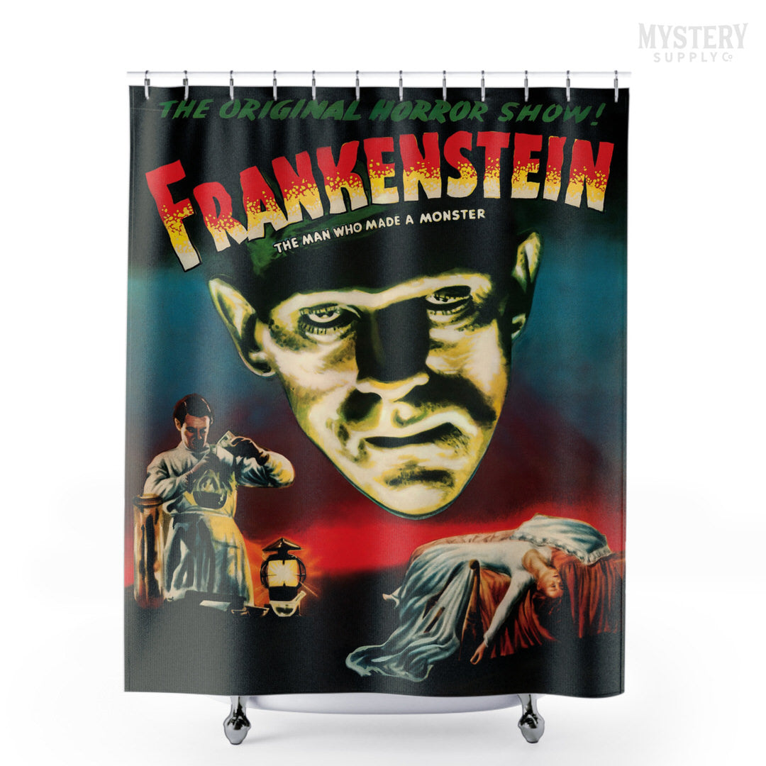 Frankenstein 1947 vintage horror monster movie poster reproduction shower curtain bathroom decor from Mystery Supply Co. @mysterysupplyco