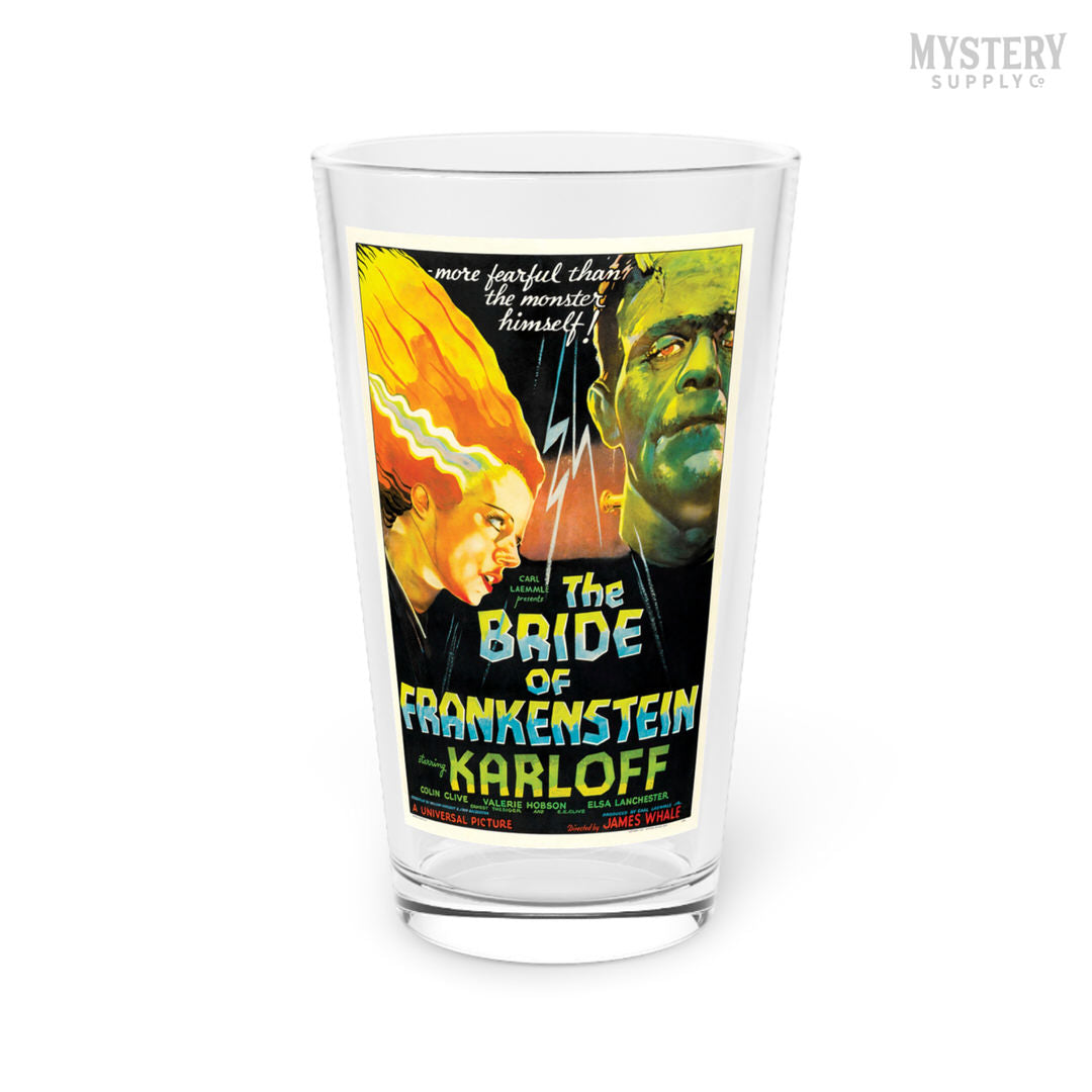 The Bride of Frankenstein 1935 vintage horror monster movie poster reproduction 16oz pint glass home decor glassware from Mystery Supply Co. @mysterysupplyco