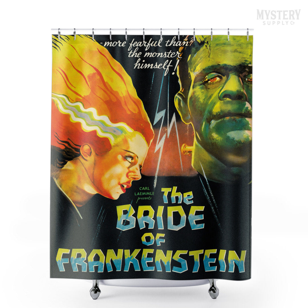 The Bride of Frankenstein 1935 vintage horror monster movie poster reproduction shower curtain bathroom decor from Mystery Supply Co. @mysterysupplyco