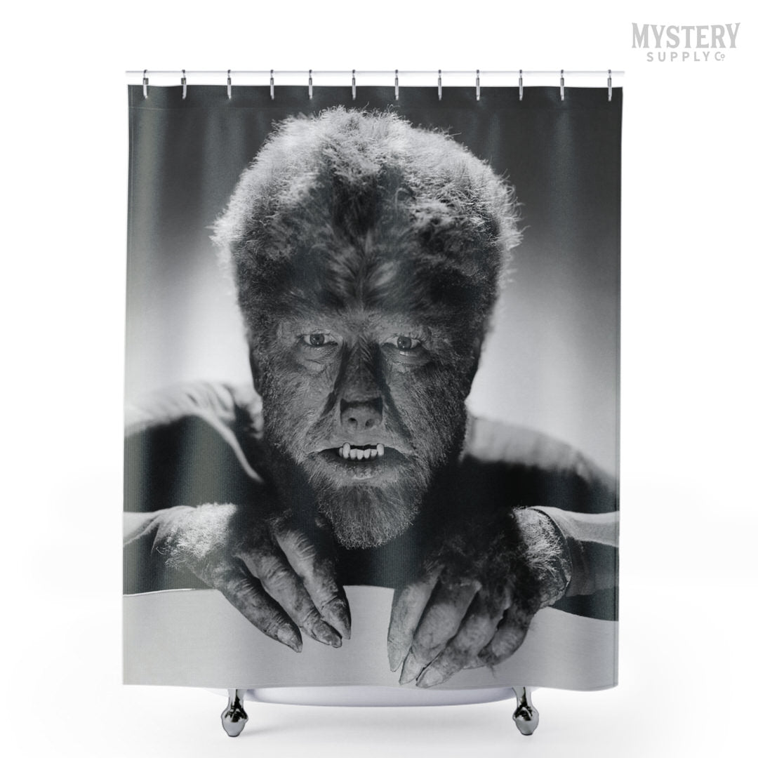 The Wolf Man 1941 Vintage Horror Movie Monster Lon Chaney Jr. Werewolf fangs and claws Black and White photo reproduction shower curtain bathroom decor from Mystery Supply Co. @mysterysupplyco