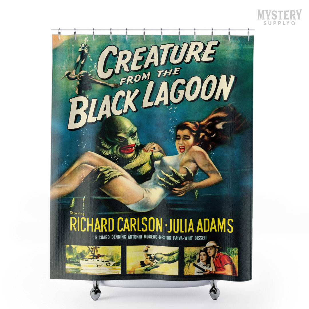 Creature from the Black Lagoon 1954 vintage horror monster gill man movie poster reproduction shower curtain bathroom decor from Mystery Supply Co. @mysterysupplyco