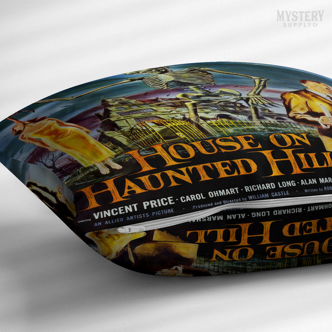 House on Haunted Hill 1959 vintage horror skeleton Vincent Price double sided decorative throw pillow home decor from Mystery Supply Co. @mysterysupplyco