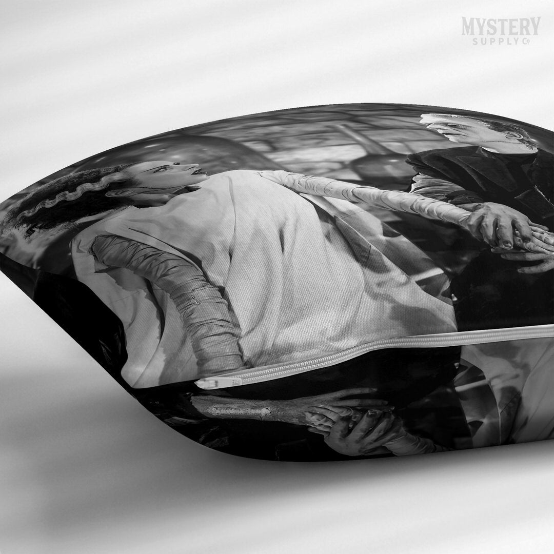 Bride of Frankenstein 1935 Vintage Horror Movie Monster Couple Black and White double sided decorative throw pillow home decor from Mystery Supply Co. @mysterysupplyco