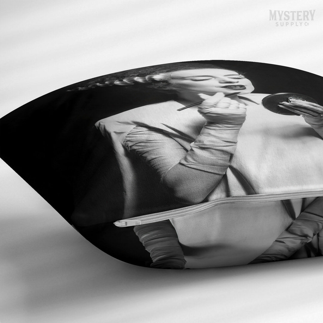 Bride of Frankenstein 1935 Vintage Horror Movie Monster Black and White Makeup Lipstick Behind the Scenes double sided decorative throw pillow home decor from Mystery Supply Co. @mysterysupplyco