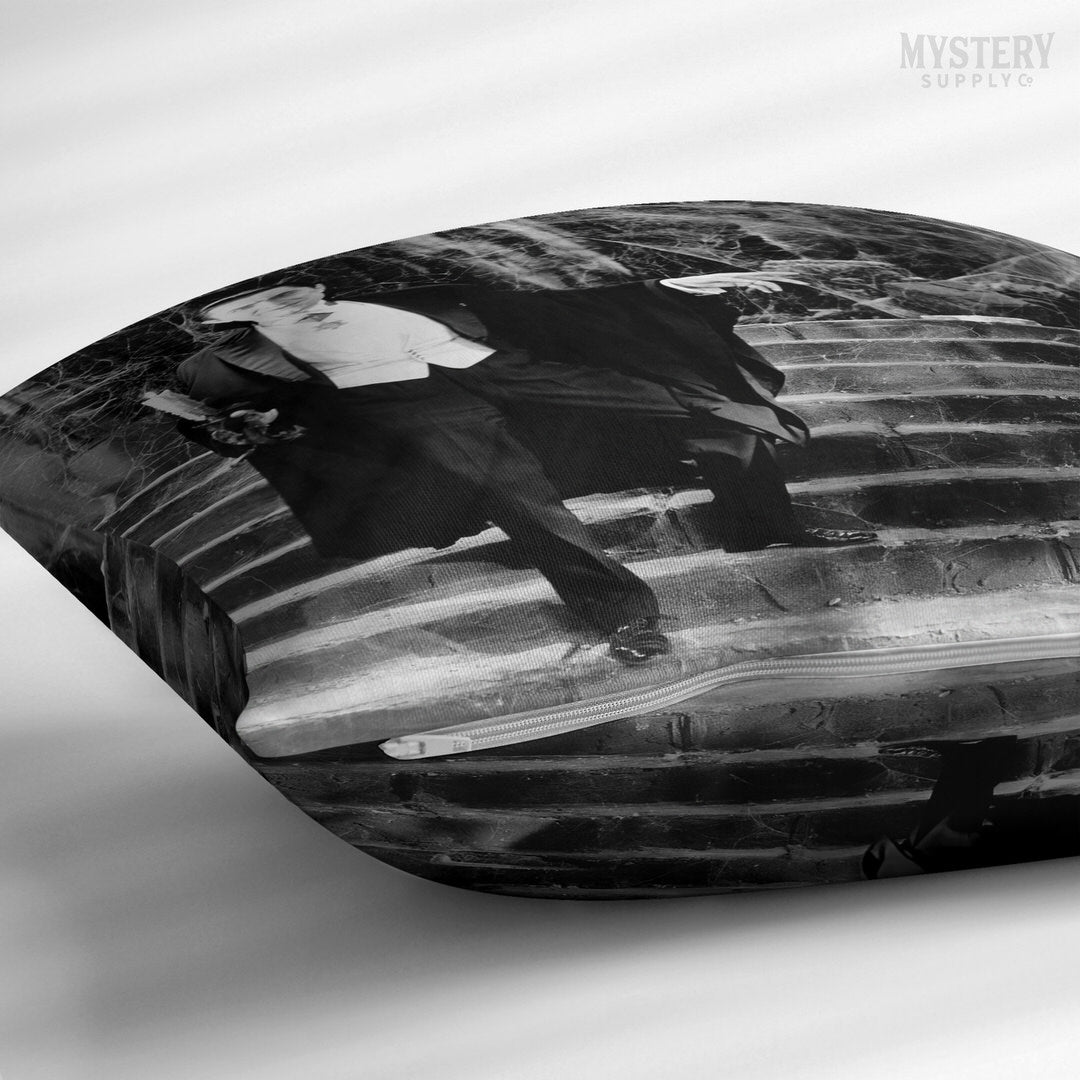 Dracula 1930s Vintage Bela Lugosi Horror Movie Vampire Monster Spooky Candle Steps Cobwebs Black and White double sided decorative throw pillow home decor from Mystery Supply Co. @mysterysupplyco