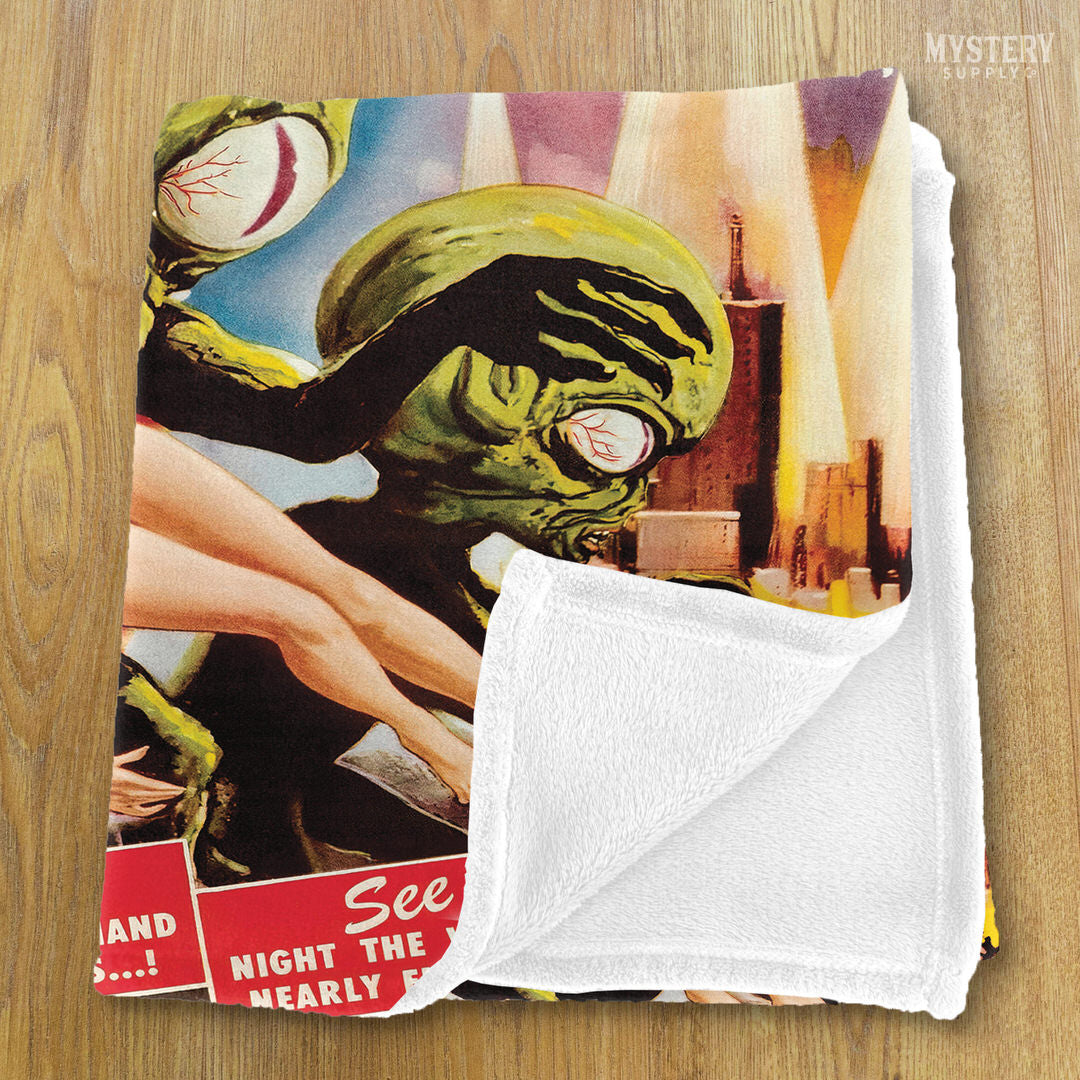 Invasion of the Saucer-Men 1957 vintage science fiction UFO flying saucer alien martian movie velveteen plush throw blanket from Mystery Supply Co. @mysterysupplyco