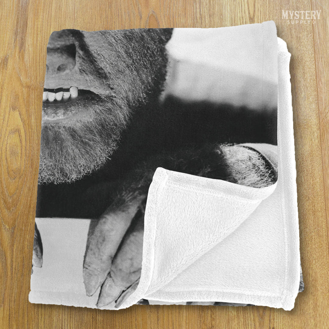 The Wolf Man 1941 Vintage Horror Movie Monster Lon Chaney Jr. Werewolf fangs and claws Black and White photo velveteen plush throw blanket from Mystery Supply Co. @mysterysupplyco
