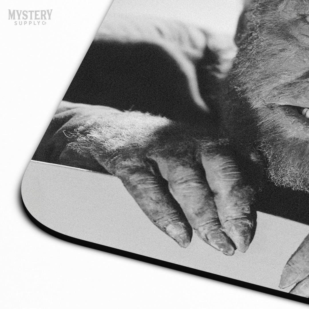 The Wolf Man 1941 Vintage Horror Movie Monster Lon Chaney Jr. Werewolf fangs and claws Black and White photo mousepad office decor desk accessories from Mystery Supply Co. @mysterysupplyco