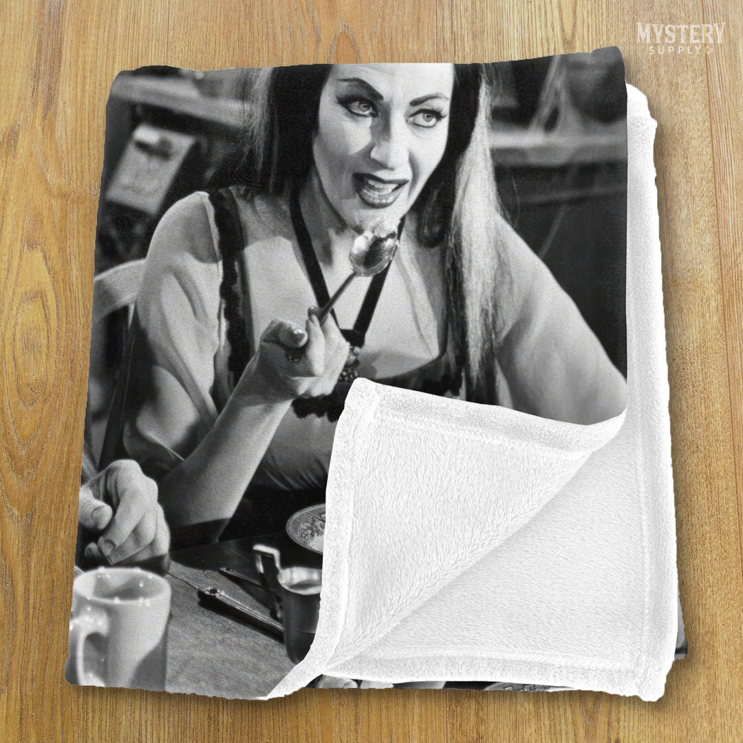 Herman and Lily Munster 1960s Vintage The Munsters Frankenstein Vampire Horror Monster Couple Black and White Photo velveteen plush throw blanket from Mystery Supply Co. @mysterysupplyco