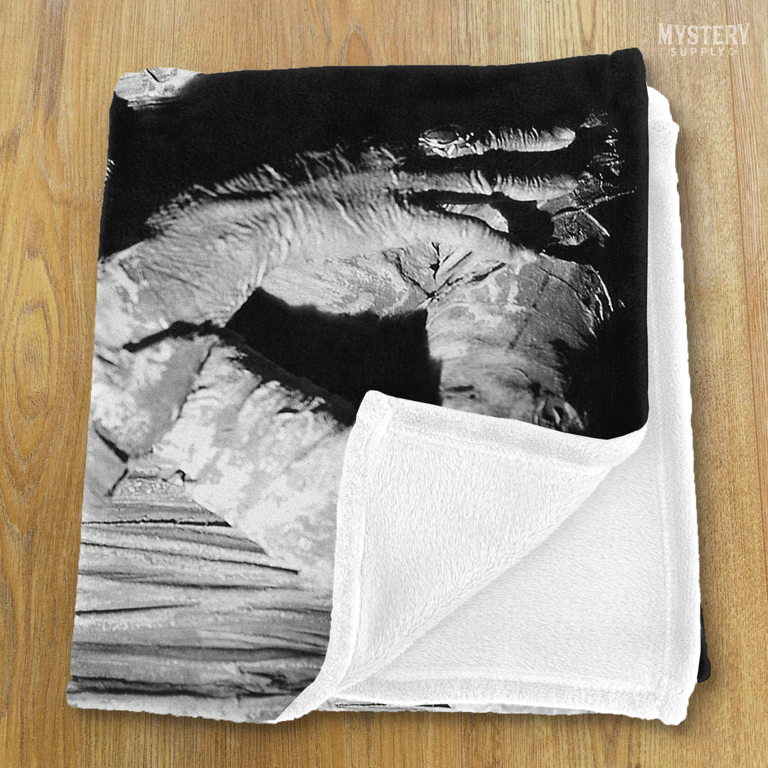 The Mummy 1932 Vintage Horror Movie Monster Boris Karloff Coffin Black and White Photo velveteen plush throw blanket from Mystery Supply Co. @mysterysupplyco