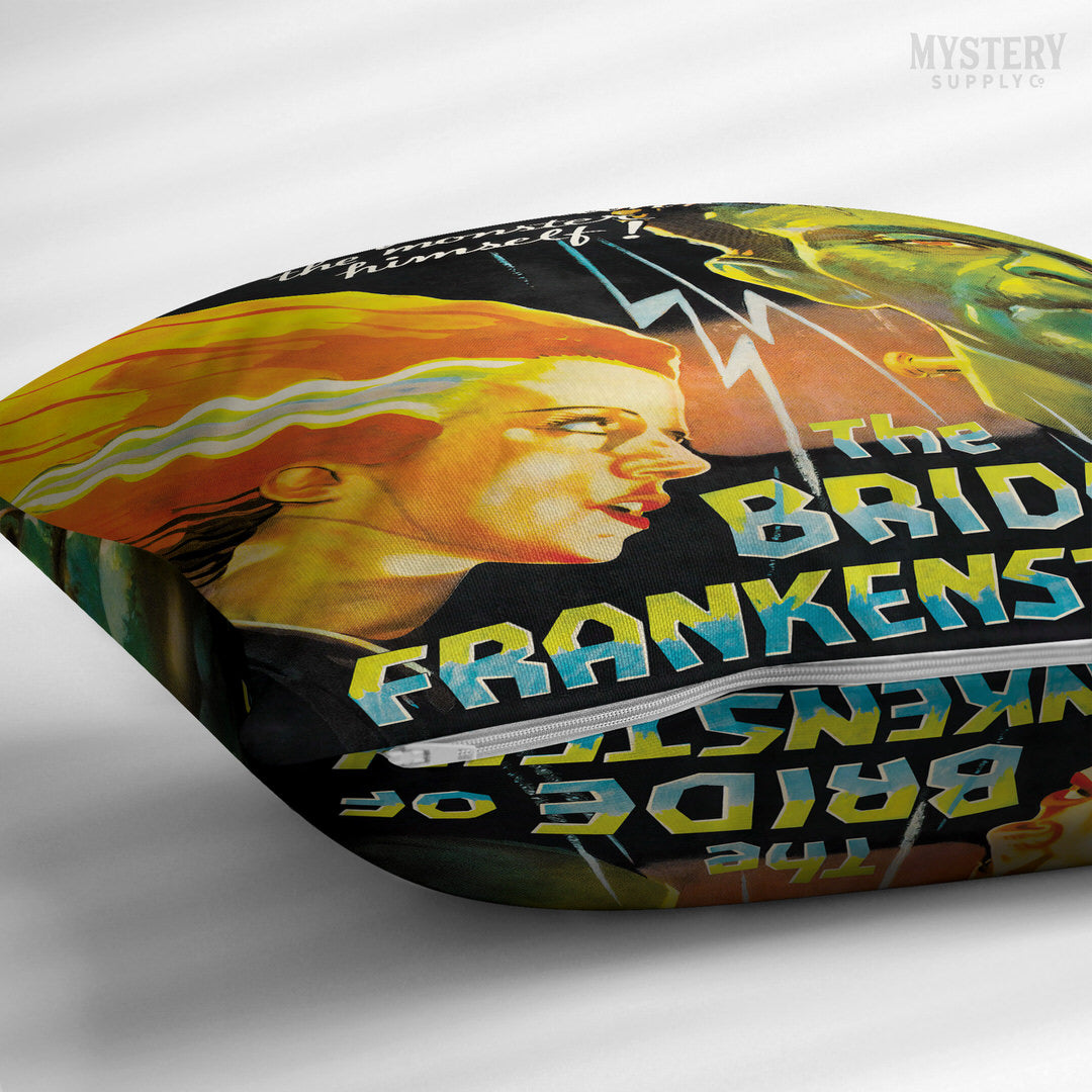 The Bride of Frankenstein 1935 vintage horror monster movie poster double sided decorative throw pillow home decor from Mystery Supply Co. @mysterysupplyco