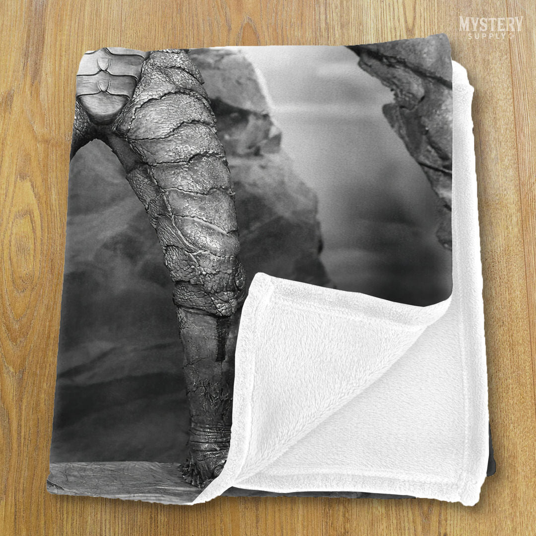 Creature from the Black Lagoon 1954 vintage horror monster gill man scary pose black and white photo velveteen plush throw blanket from Mystery Supply Co. @mysterysupplyco