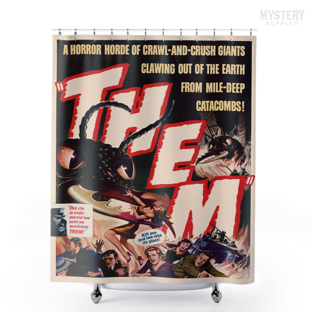 Them 1954 vintage science fiction horror monster ants movie poster reproduction shower curtain bathroom decor from Mystery Supply Co. @mysterysupplyco