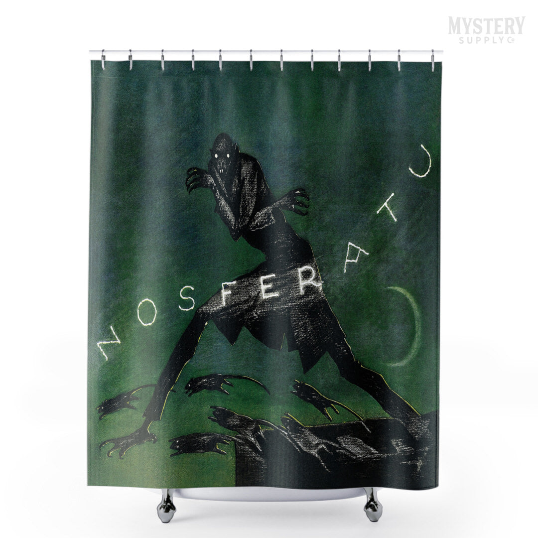 Nosferatu 1921 vintage horror monster vampire Dracula poster reproduction shower curtain bathroom decor from Mystery Supply Co. @mysterysupplyco