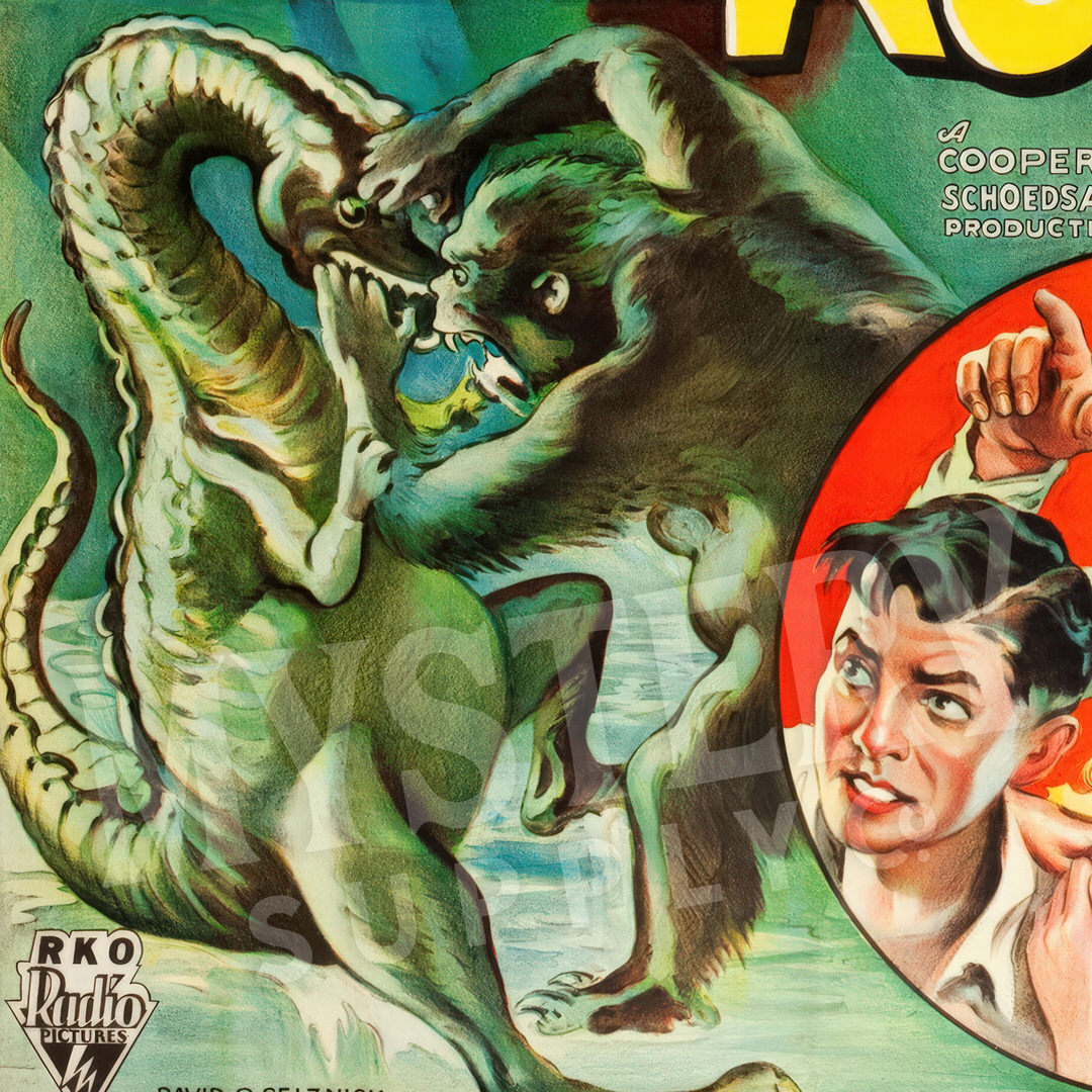 Vintage movie poster with a creature and a man, featuring RKO Radio Pictures logo. King Kong 1933 Vintage Horror Movie Poster wall decor art print from Mystery Supply Co. @mysterysupplyco