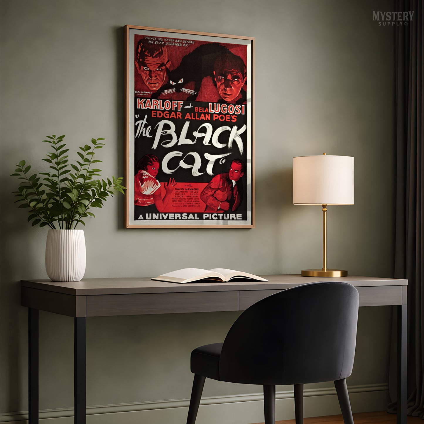 Vintage movie poster for 'The Black Cat' with classic horror imagery. From Mystery Supply Co.