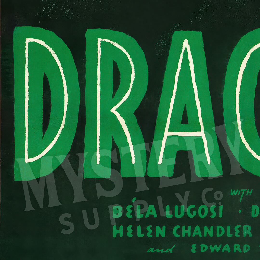 Green text on a black background with 'DRACULA' and actor names. Detail of Dracula 1938 Vintage Horror Movie Poster wall decor art print from Mystery Supply Co. @mysterysupplyco