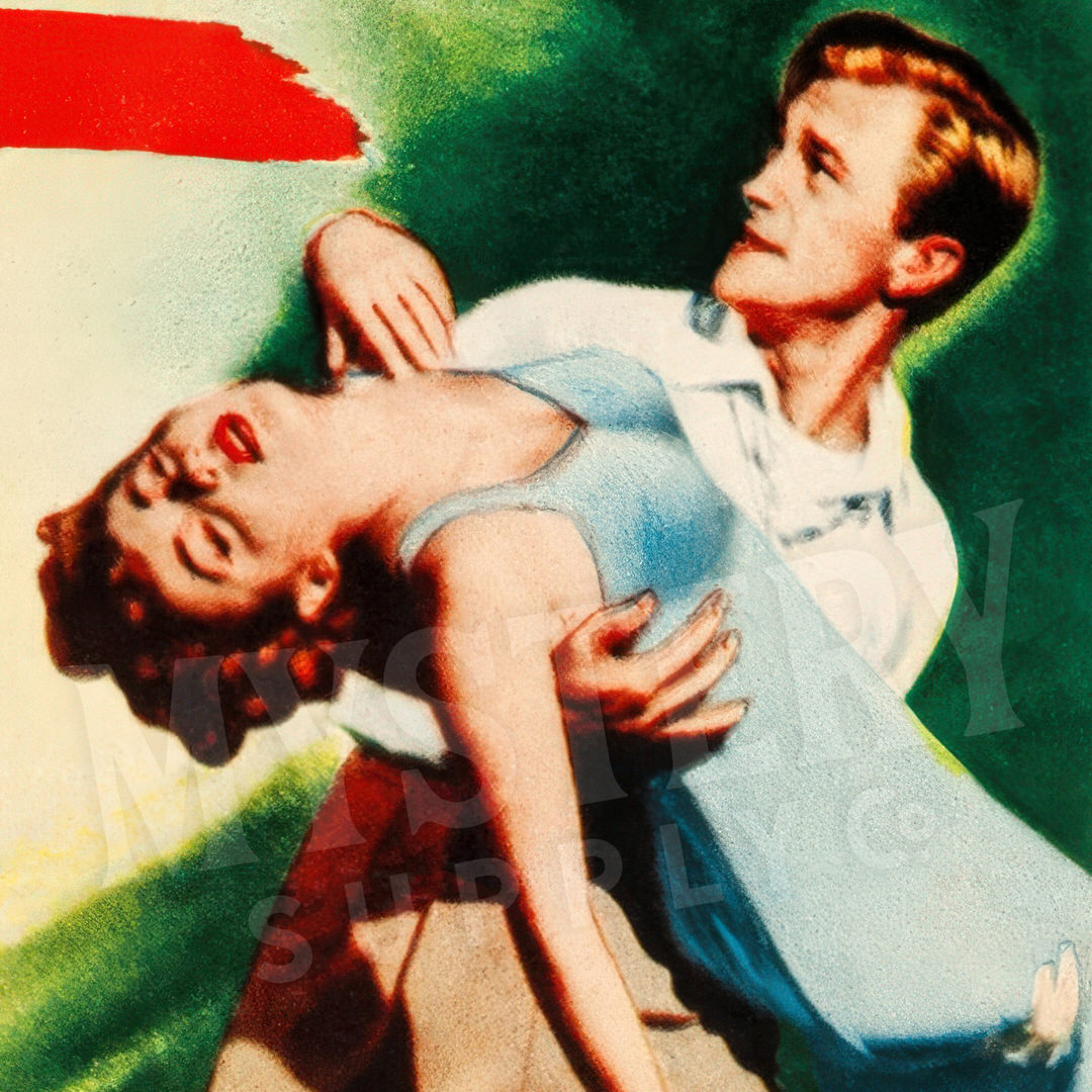 Vintage-style illustration of a woman being carried by a man on a colorful background. Target Earth Sci-Fi Horror Movie Poster 1954 wall decor art print from Mystery Supply Co. @mysterysupplyco