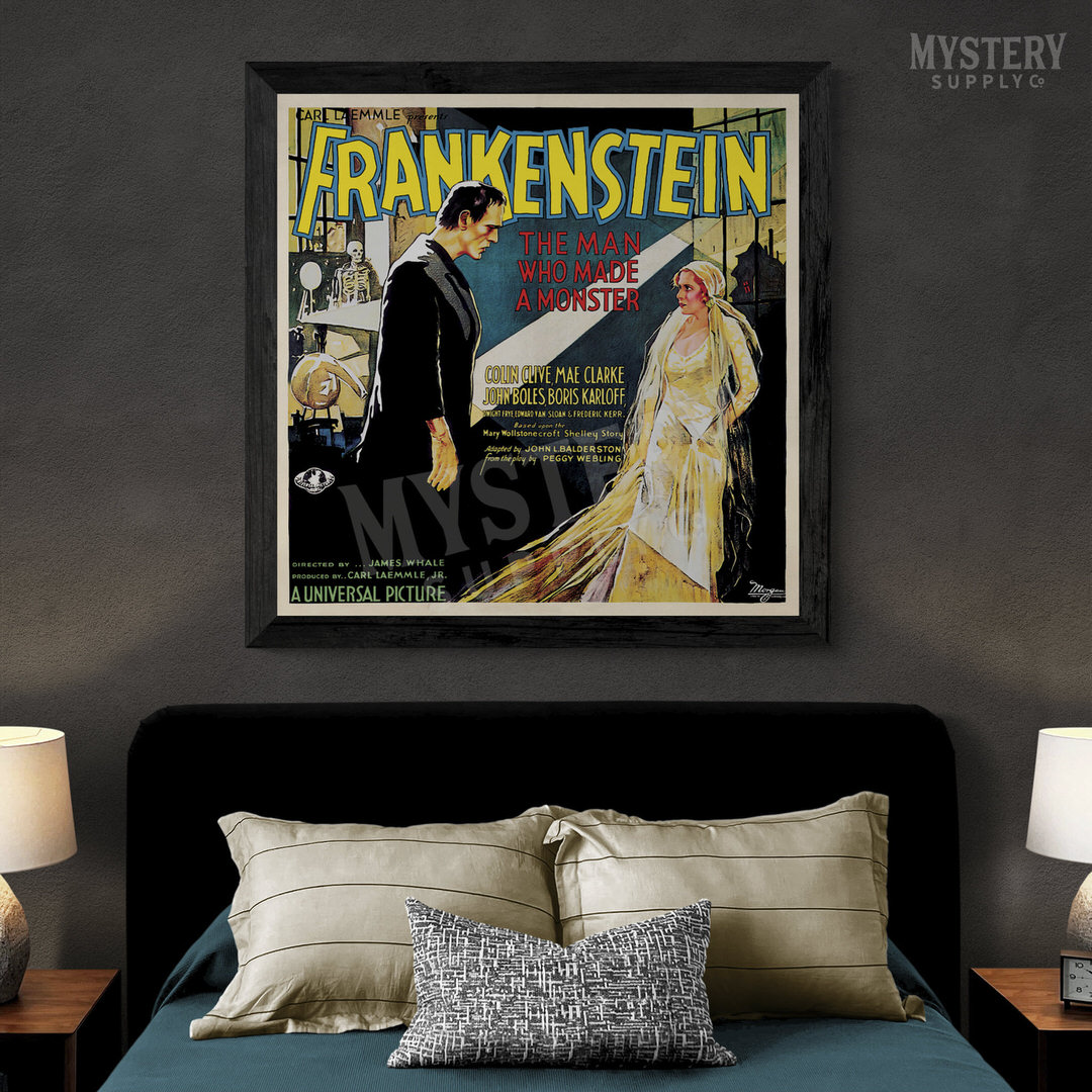 Frankenstein 1931 vintage Boris Karloff horror monster movie poster reproduction from Mystery Supply Co. @mysterysupplyco