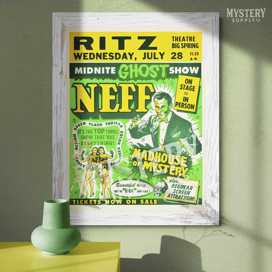 Dr. Neff Midnite Ghost Show 1950s vintage madhouse of mystery skull shock show poster reproduction from Mystery Supply Co. @mysterysupplyco