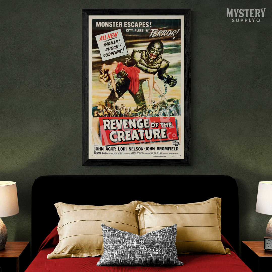 Revenge of the Creature 1955 vintage horror black lagoon gill man monster movie poster reproduction from Mystery Supply Co. @mysterysupplyco
