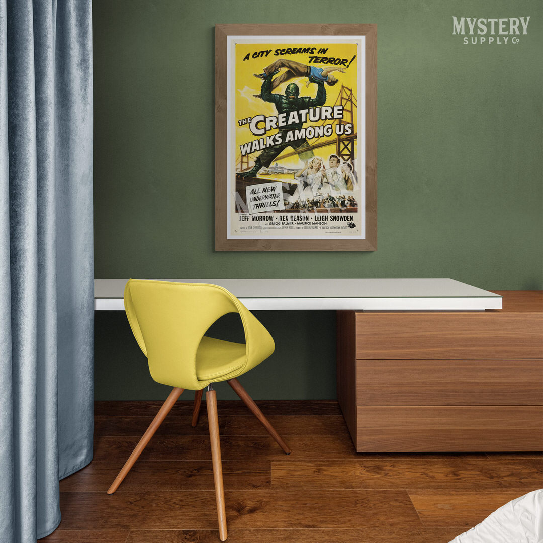 The Creature Walks Among Us 1956 vintage horror black lagoon gill man monster movie poster reproduction from Mystery Supply Co. @mysterysupplyco