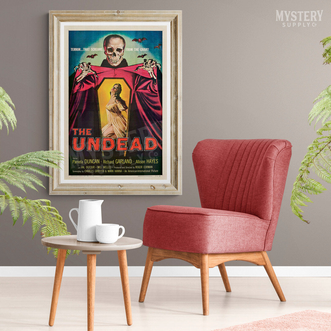 The Undead 1957 vintage horror skull skeleton bats coffin Roger Corman movie poster reproduction from Mystery Supply Co. @mysterysupplyco