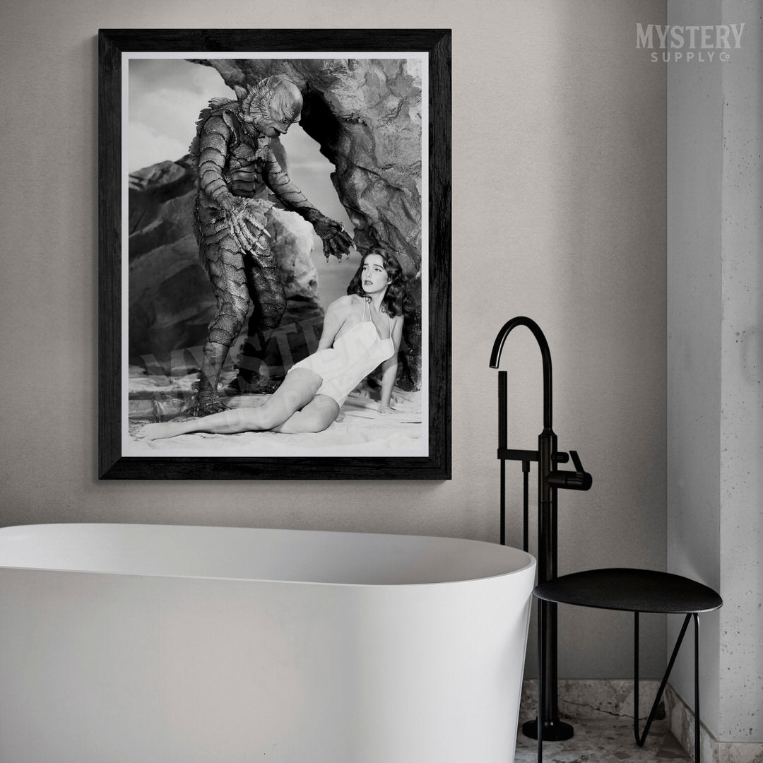 Creature from the Black Lagoon 1954 vintage horror monster Julie Adams swim suit and the gill man black and white photo reproduction from Mystery Supply Co. @mysterysupplyco