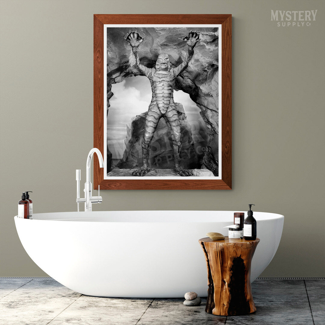 Creature from the Black Lagoon 1954 vintage horror monster gill man scary pose black and white photo reproduction from Mystery Supply Co. @mysterysupplyco