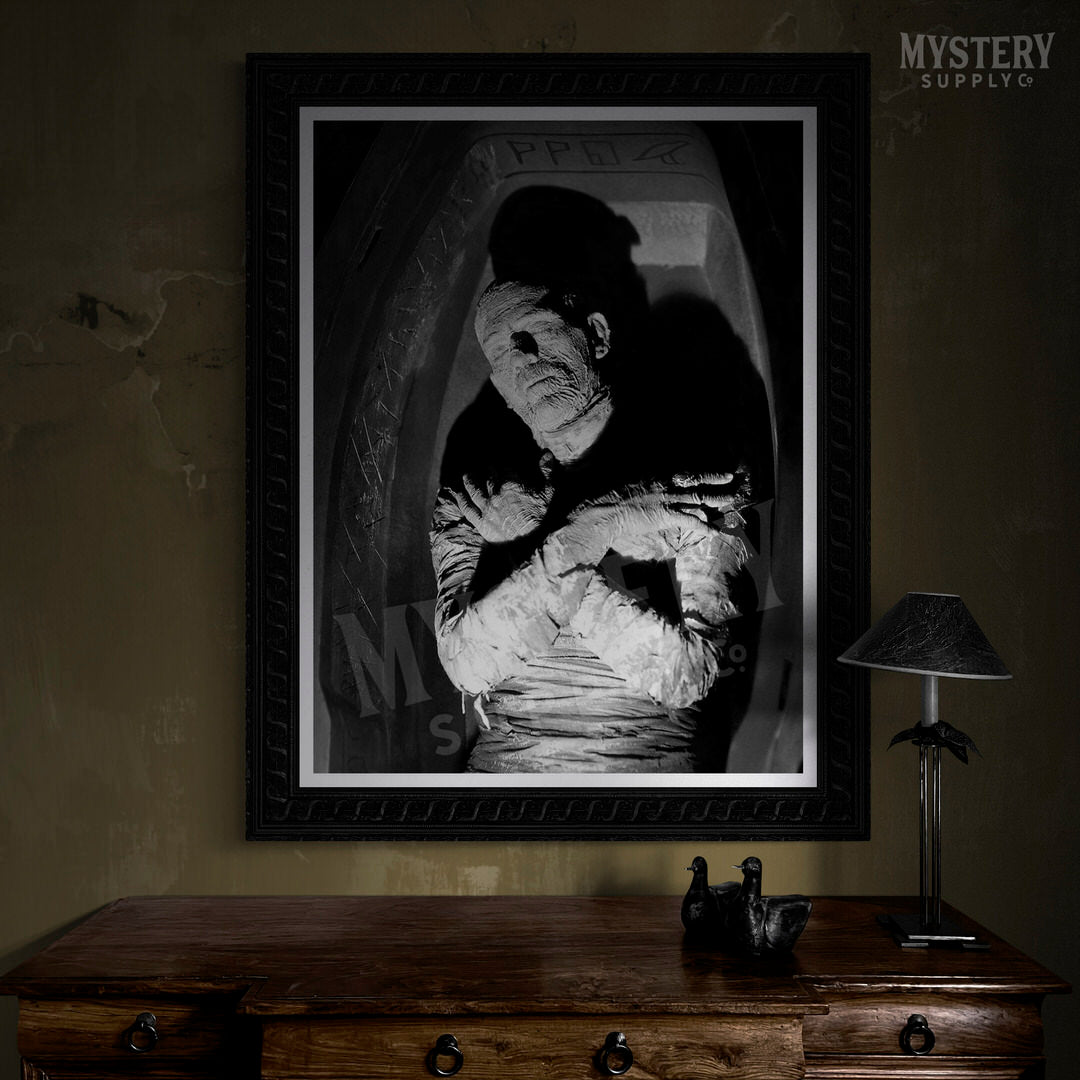 The Mummy 1932 Vintage Horror Movie Monster Boris Karloff Coffin Black and White Photo reproduction from Mystery Supply Co. @mysterysupplyco