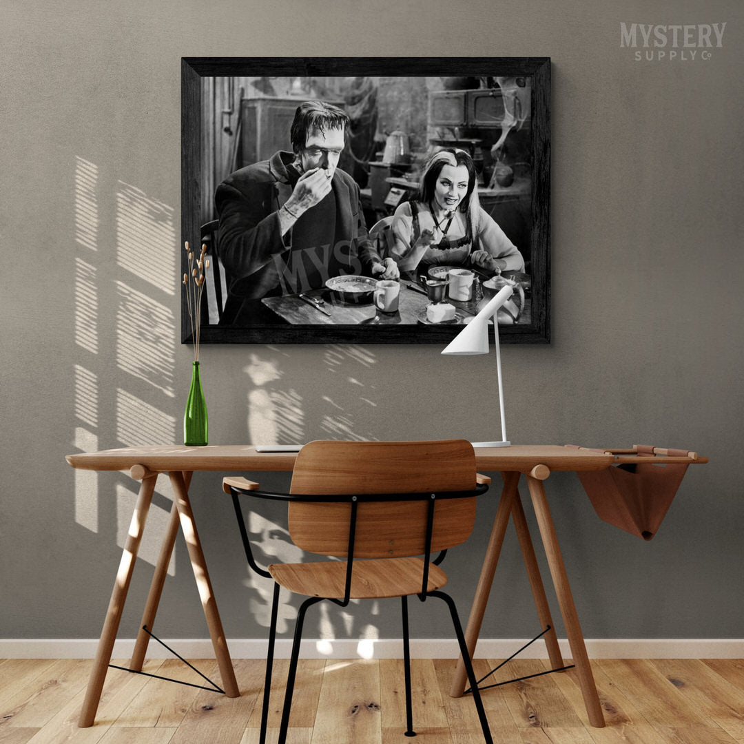 Herman and Lily Munster 1960s Vintage The Munsters Frankenstein Vampire Horror Monster Couple Black and White Photo reproduction from Mystery Supply Co. @mysterysupplyco