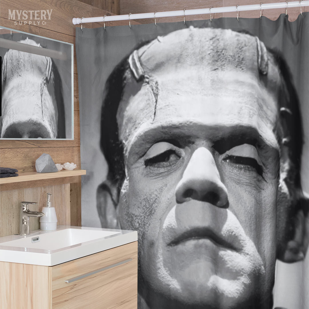 Frankenstein 1931 Vintage Horror Movie Monster Photo shower curtain bathroom decor from Mystery Supply Co. @mysterysupplyco