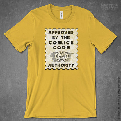 Approved by the Comics Code Mens Womens Unisex Officially Licensed maize yellow vintage comic book T-Shirt from Mystery Supply Co. @mysterysupplyco