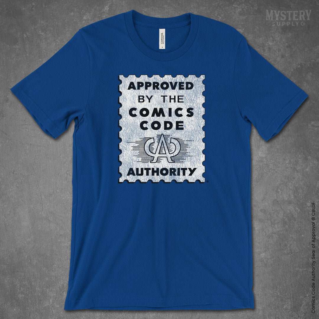 Approved by the Comics Code Mens Womens Unisex Officially Licensed true royal blue vintage comic book T-Shirt from Mystery Supply Co. @mysterysupplyco