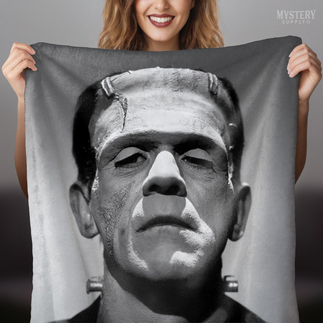 Frankenstein 1931 Vintage Horror Movie Monster Black and White Photo velveteen plush throw blanket from Mystery Supply Co. @mysterysupplyco