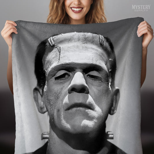 Frankenstein 1931 Vintage Horror Movie Monster Black and White Photo velveteen plush throw blanket from Mystery Supply Co. @mysterysupplyco