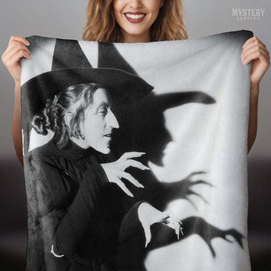 Wicked Witch of the West 1930s vintage profile with shadow Margaret Hamilton Wizard of Oz black and white movie velveteen plush throw blanket from Mystery Supply Co. @mysterysupplyco