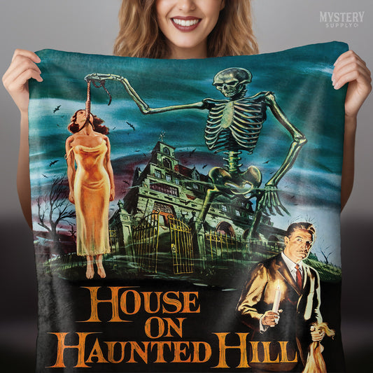 House on Haunted Hill 1959 vintage horror skeleton Vincent Price movie poster velveteen plush throw blanket from Mystery Supply Co. @mysterysupplyco