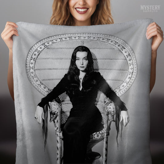 Morticia Addams Carolyn Jones 1960s Vintage Addams Family Witch Horror Monster Beauty Black and White Photo velveteen plush throw blanket from Mystery Supply Co. @mysterysupplyco