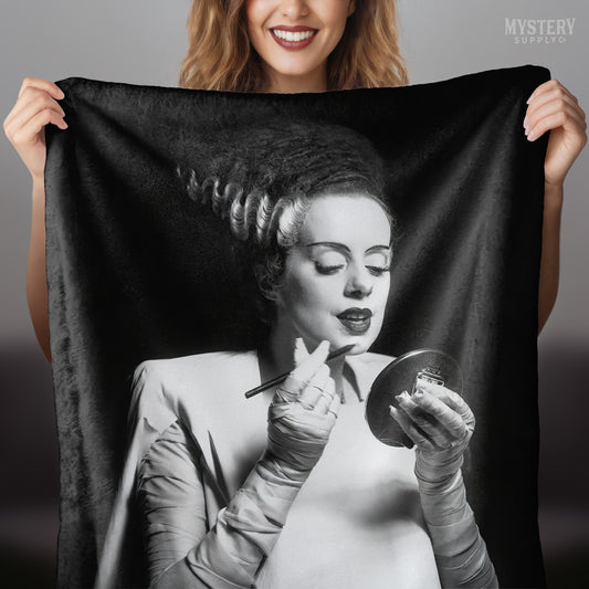 Bride of Frankenstein 1935 Vintage Horror Movie Monster Black and White Makeup Lipstick Behind the Scenes Photo velveteen plush throw blanket from Mystery Supply Co. @mysterysupplyco