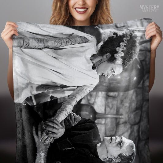 Bride of Frankenstein 1935 Vintage Horror Movie Monster Couple Black and White Photo velveteen plush throw blanket from Mystery Supply Co. @mysterysupplyco