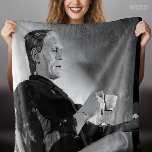 Frankenstein Vintage Boris Karloff Relaxing Smoking Drinking Tea Horror Movie Monster Black and White velveteen plush throw blanket from Mystery Supply Co. @mysterysupplyco